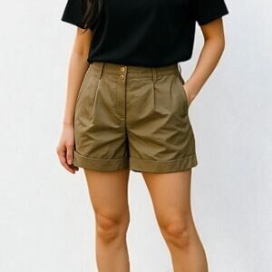 Talbots Nylon Coated Shorts Olive Green Pleated Cuffed Petite Size 4P